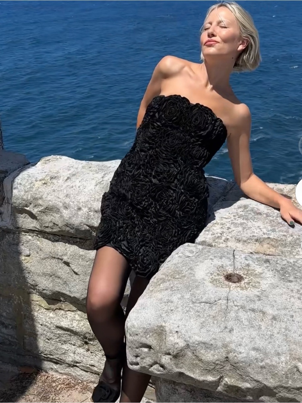 NWT Aje Gazer Rosette Mini Dress Black Mini Strapless Cocktail Party LBD Size 4